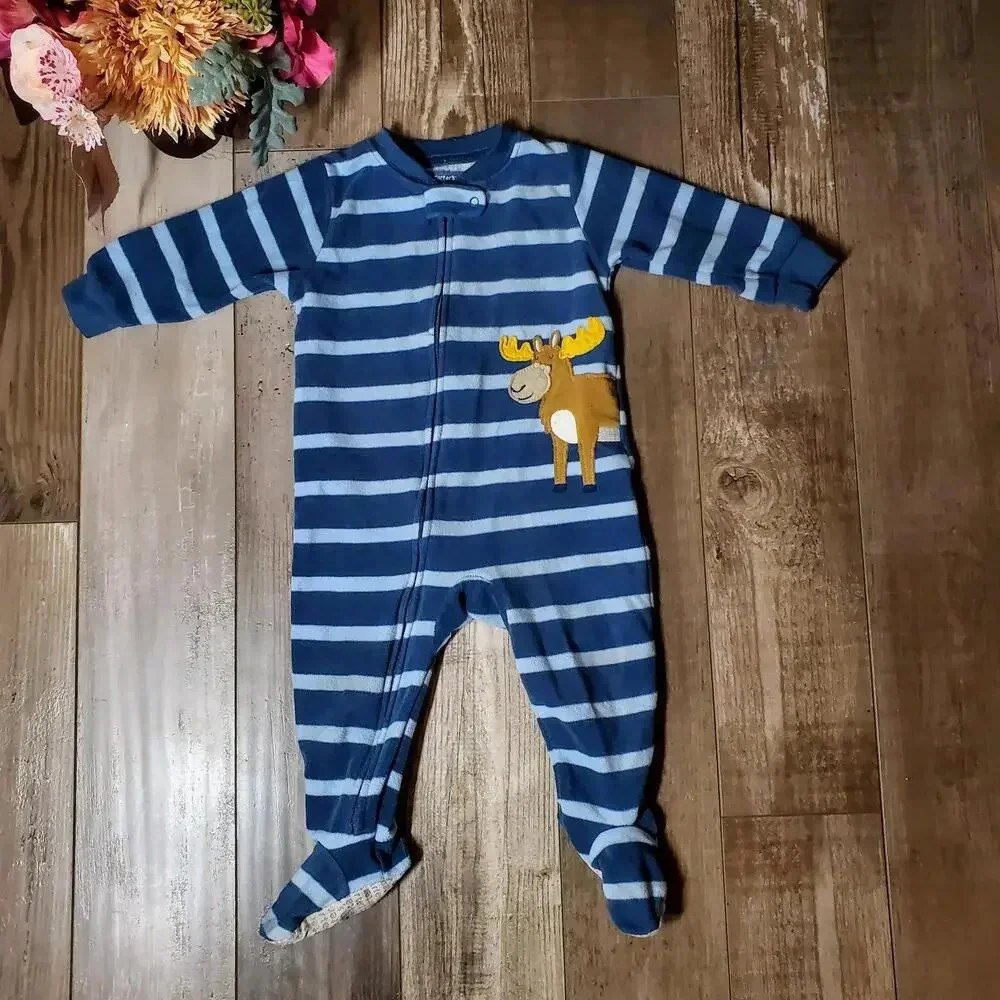 Carter's Size 12m Fleece Footed Pajamas Blue Striped Moose
